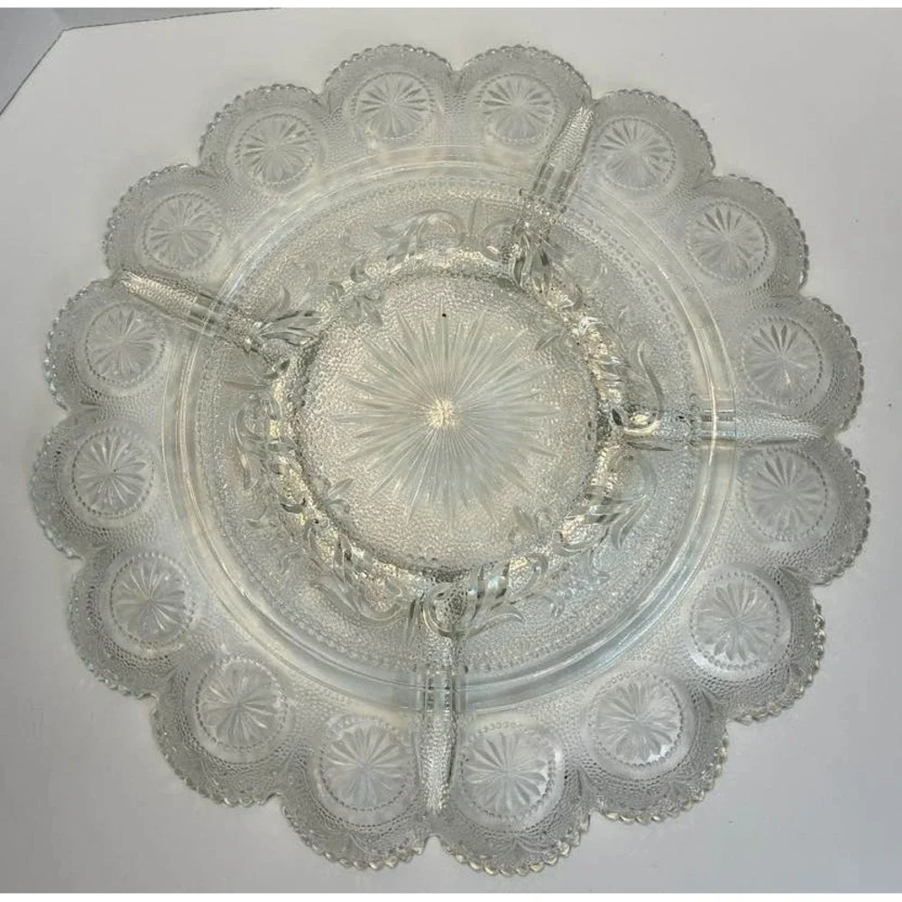 Vintage‎ Clear Pressed Glass Divided Relish Tray Scalloped Starburst MCM